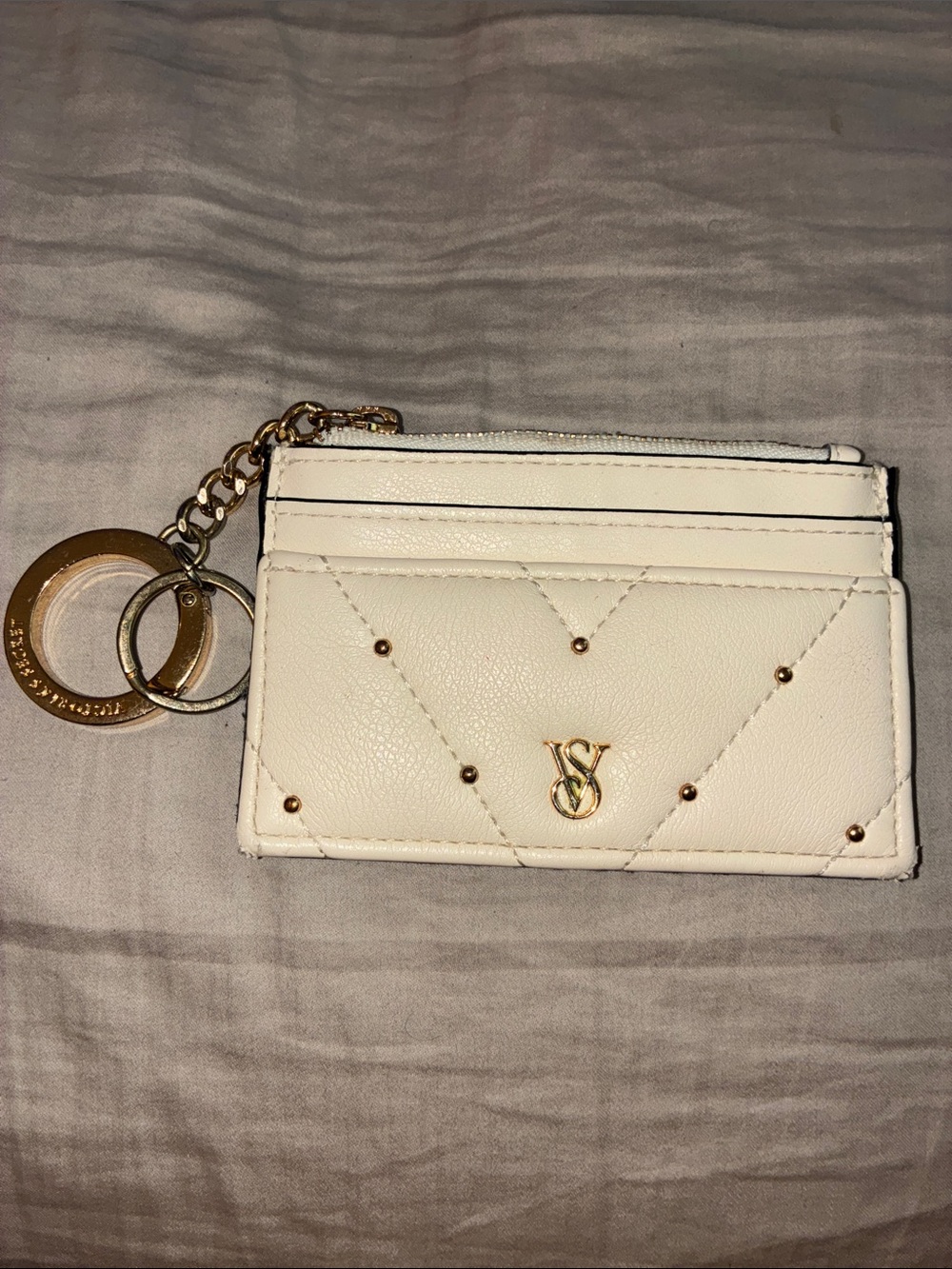 Victoria's Secret White Quilted Cardholder Keychain with Gold Hardware